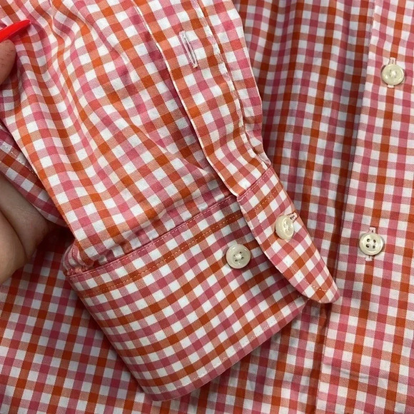 Peter Millar Cotton Long‎ Sleeve Button Down Shirt Gingham Orange Pink - Picture 3 of 9